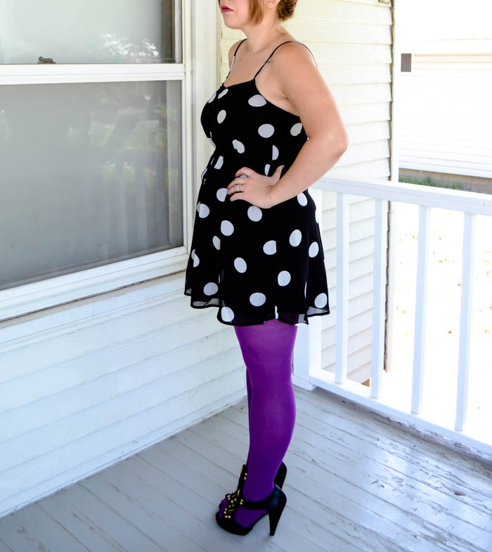 outfit post fashion style blog modern design tungsten ring stud inspired polka dot dress forever 21 black and white leather jacket purple tights ombre hair heels shoes maydae stephanie may